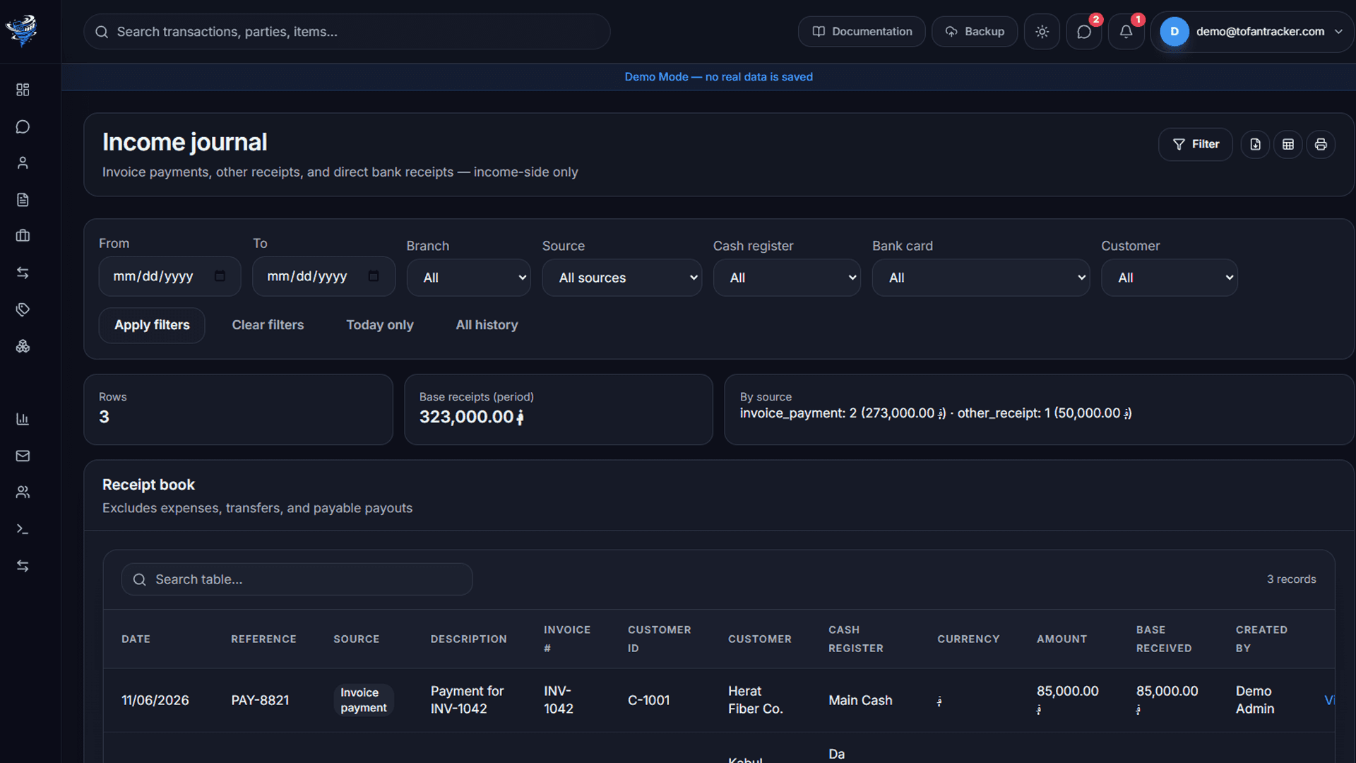 Tofan Tracker income journal screen